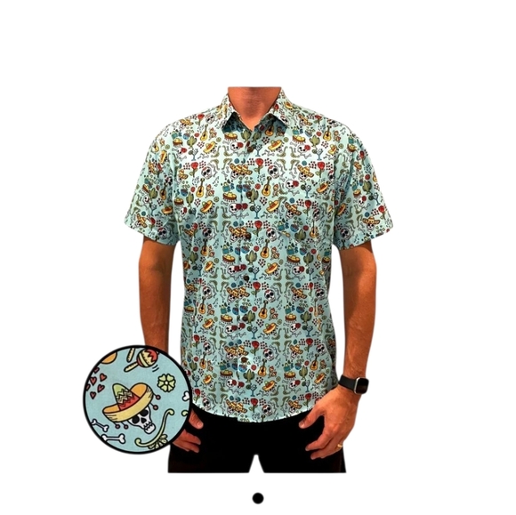 Tropical Bros Mens Super Stretch Mexican Fiesta Candy Skull Hawaiian Shirt XL - Picture 8 of 8